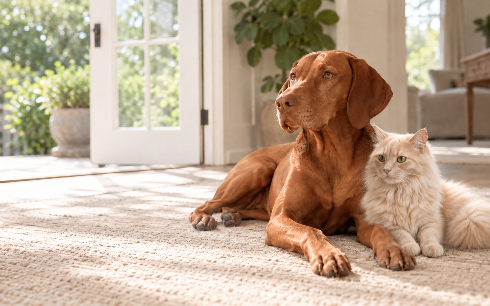 A Vizsla dog and fluffy cream-colored cat relaxing together at home